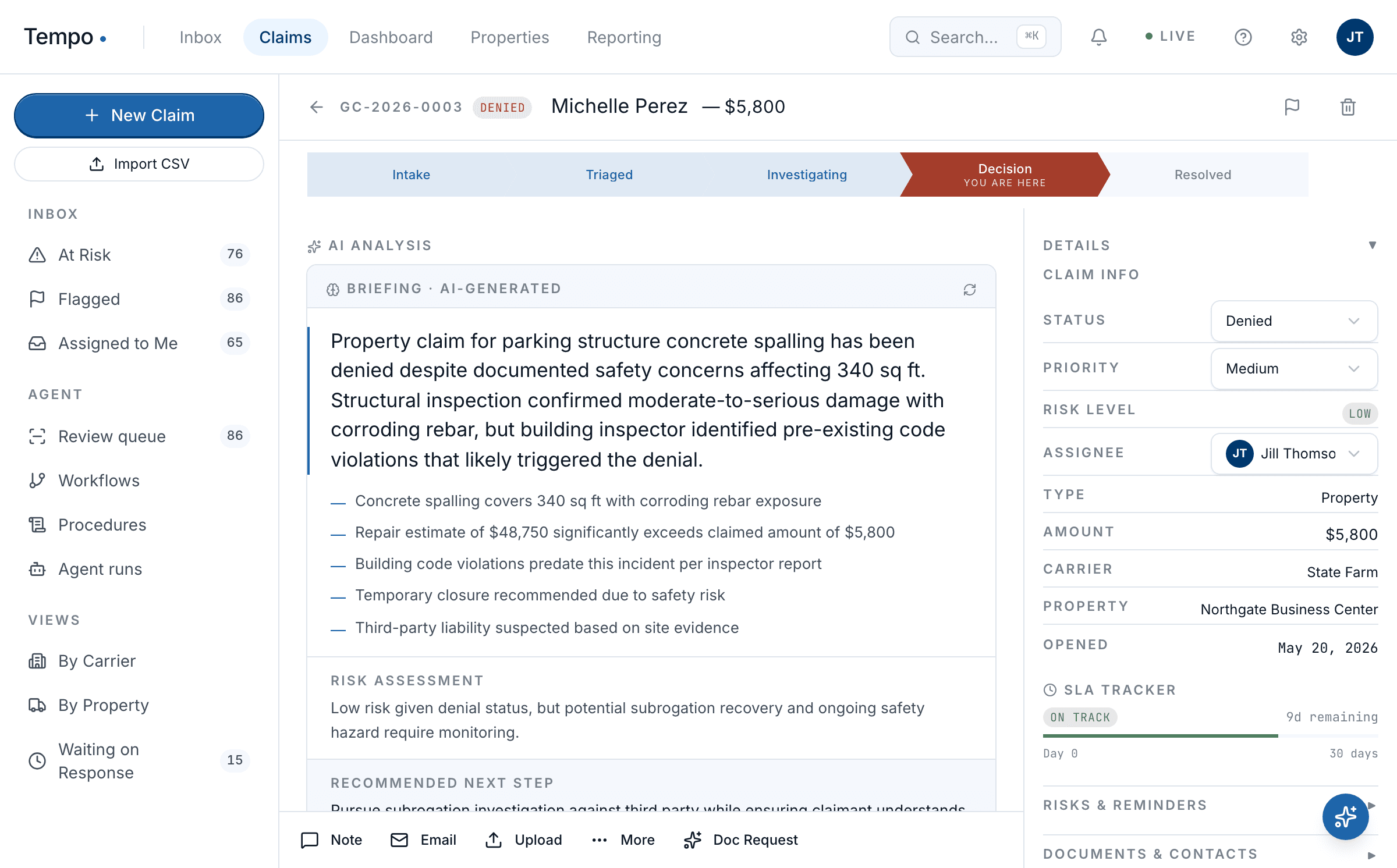 Tempo claim view: an AI-generated briefing, risk assessment, and agent runner on a real claim