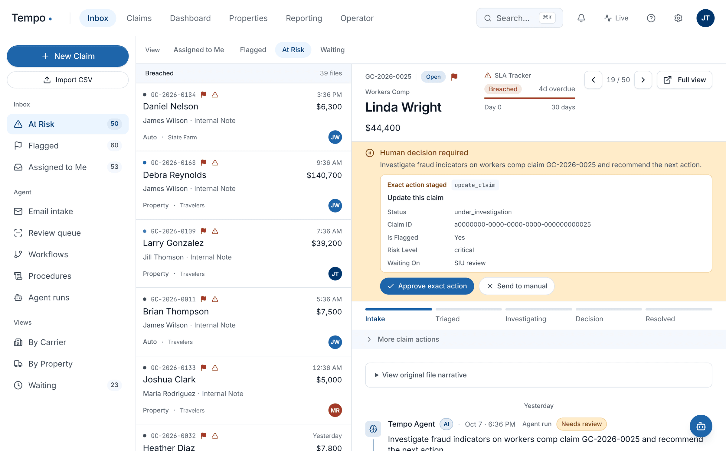 Tempo inbox: the at-risk claim queue, and an agent's staged claim update waiting for a person to approve it or send it to manual